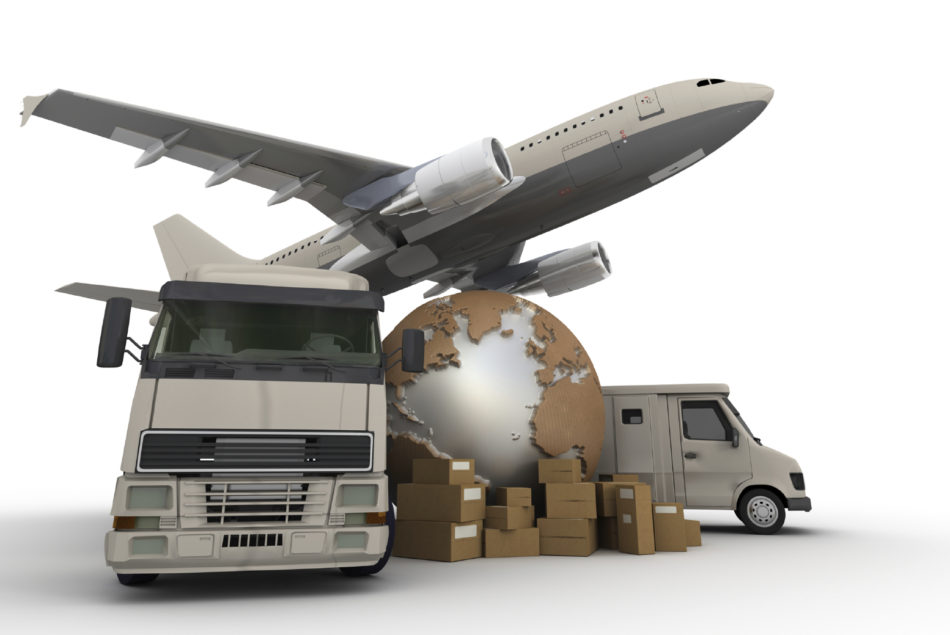 3D rendering of  a world map, packages a van, a truck and an airplane